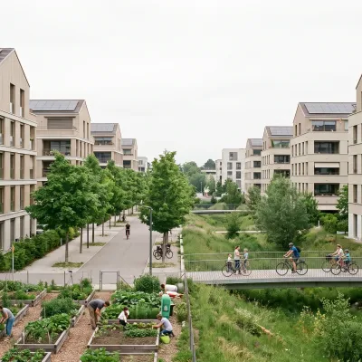 Vue du nouveau quartier Chapelle-Les Sciers entre Lancy et Plan-les-Ouates, immeubles Minergie et espaces verts partagés.