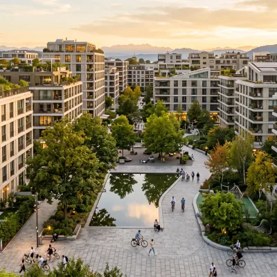Immeubles résidentiels et espaces verts de l'écoquartier de l'Étang à Vernier, premier quartier suisse certifié SNBS-Quartier.