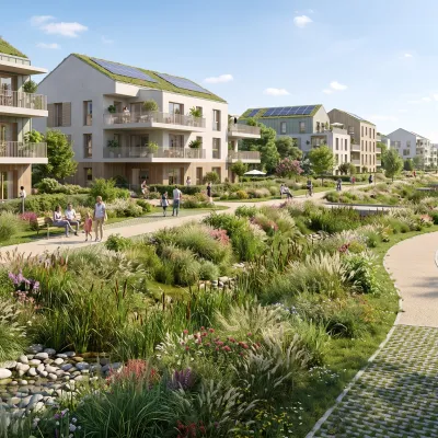 Système de gestion écologique des eaux pluviales (Mulden-Rigolen) intégré dans un écoquartier avec noues paysagères.
