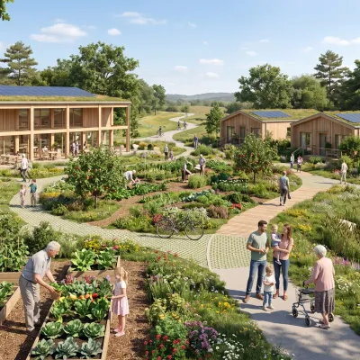 Éco-village intergénérationnel intégrant des habitats adaptés pour seniors et des espaces de vie partagés.