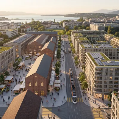 Rendu architectural du projet d'aménagement du secteur Concorde à Genève, alliant patrimoine et écologie.