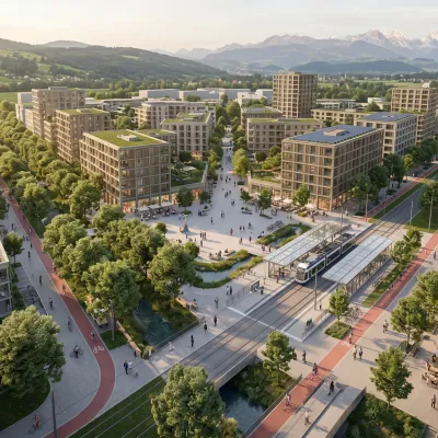 Vue d'artiste du développement urbain de Bernex-Nord, futur pôle régional durable avec mobilités douces.