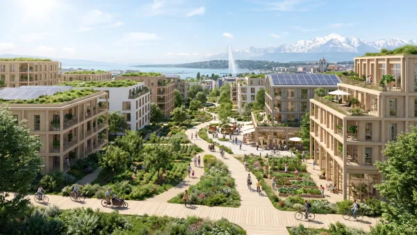 Rendu architectural du projet d'écoquartier durable.